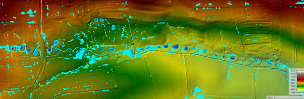 Hydraulic model output showing water stored in ponds, scrapes and low-lying areas within the Hauxwell Estate landscape.