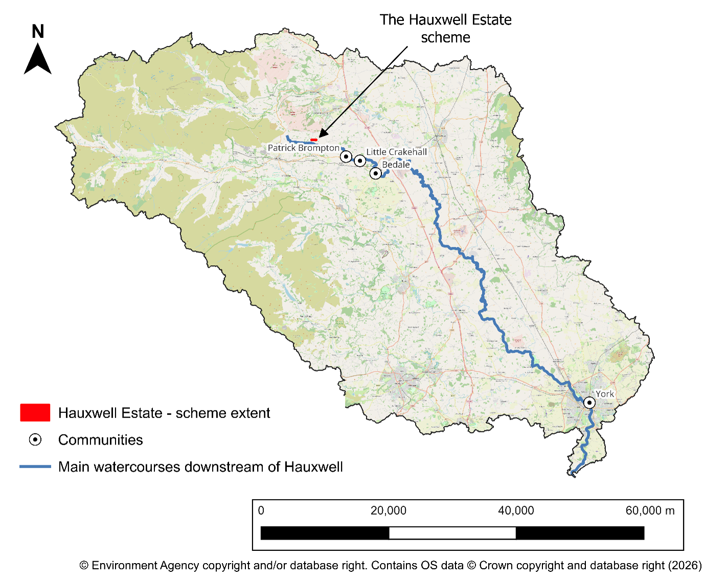 Map showing the Hauxwell Estate scheme in relation to the wider SUNO catchment, illustrating local and downstream catchment connections.