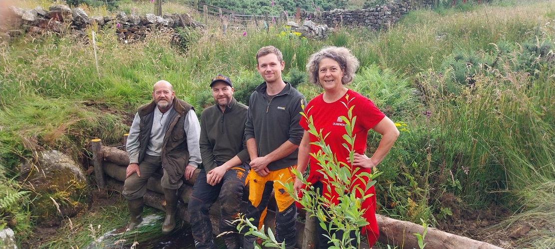 Left to Right: Simon, landowner; Warren, Tees River Trust project officer, James, Tees Rivers Trust project officer); Amanda, Ousewem Natural Flood Management Programme Manager