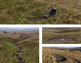 Multiple photos showing some of the work done to the landscape, including a digger creating wetland scrapes and other photos showing completed wetland scrapes and leaky barriers