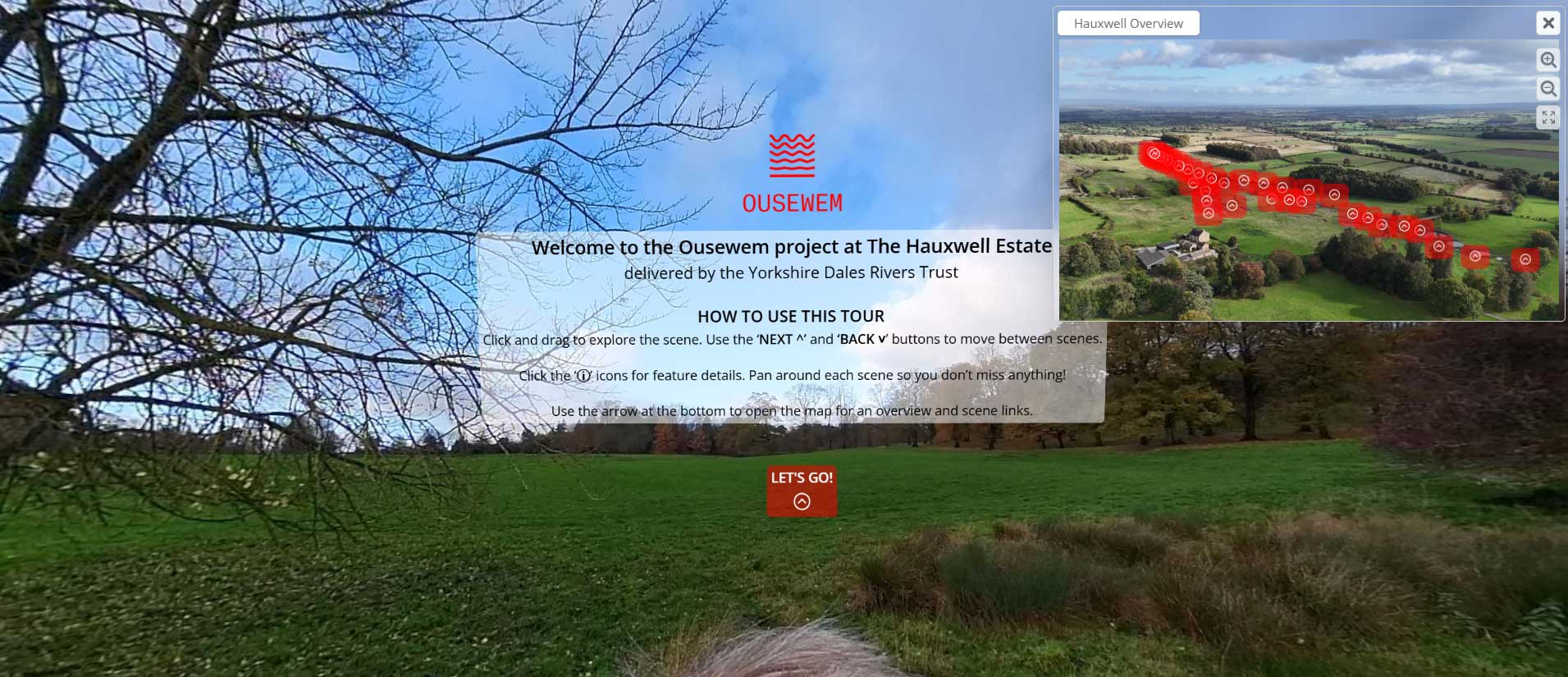 This image shows a still from the visual 360 tour of Hauxwell Estate landscape and explains the use of back and forward arrows to move between different flood scenes and how you can click and drag your cursor to move your viewpoint around the landscape.