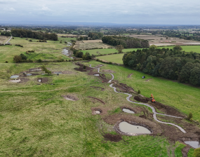 Aerial image of the Hauxwell estate including natural flood management interventions