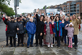 A large group of participants gathered at King’s Staith by the River Ouse during the York rivers trail Festival of Ideas event.